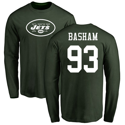 New York Jets Men Green Tarell Basham Name and Number Logo NFL Football #93 Long Sleeve T Shirt->new york jets->NFL Jersey